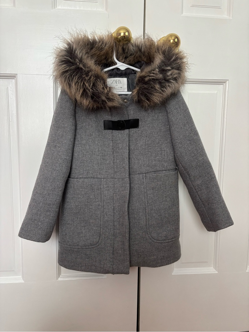 Zara Gray Wool-Blend Hooded Pea Coat with Faux Fur Trim